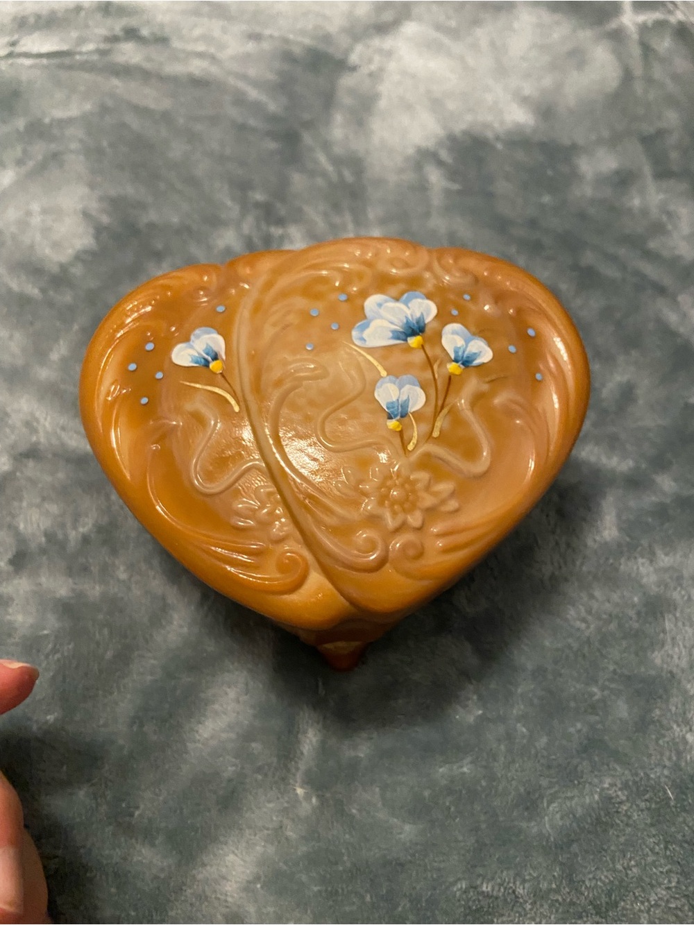 Fenton chocolate slag Heart Box with Hand-Painted Blue Flowers vintage